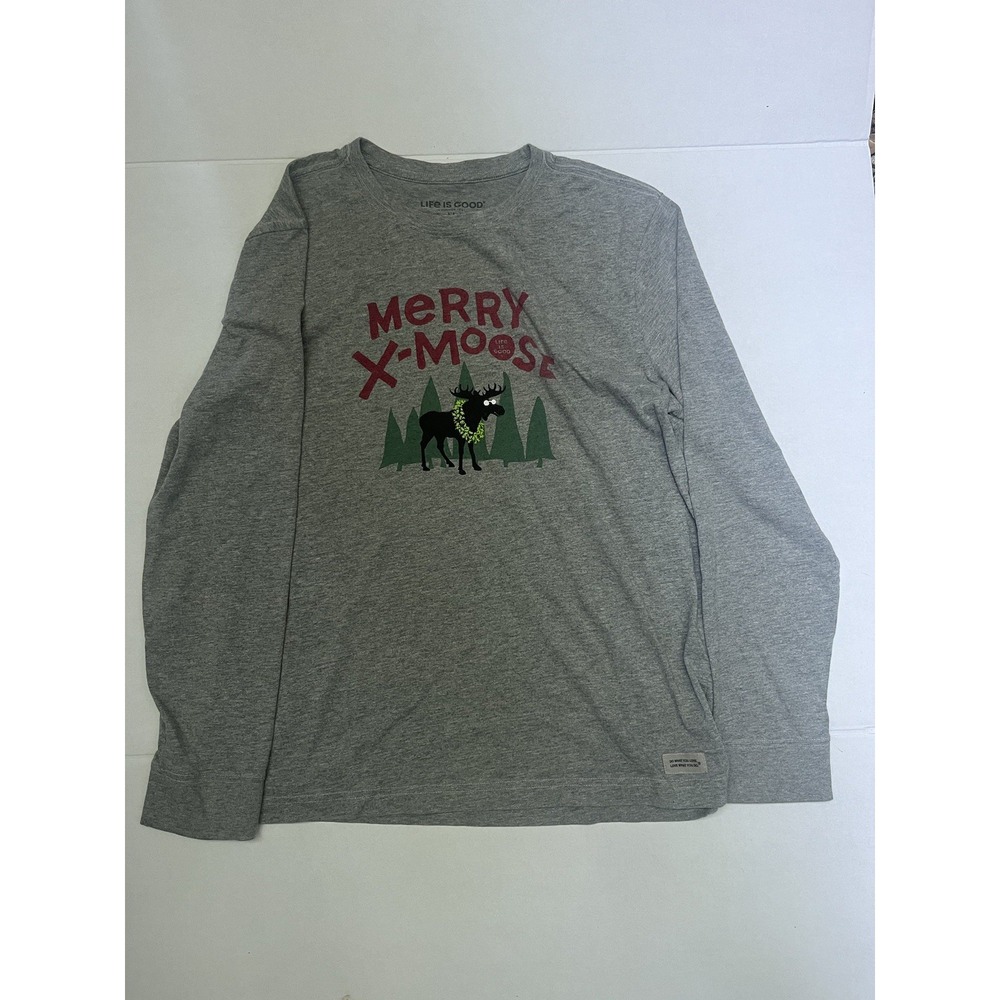 Life Is Good Men's M Gray Shirt Crusher Tee MERRY-X MOOSE Christmas Holiday